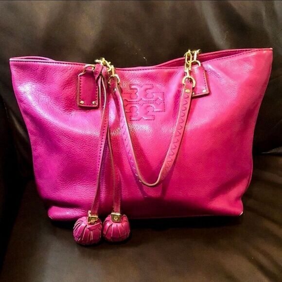 TORY BURCH Fuchsia Leather Shoulder Bag Embroidered Straps Tassel Accent - Picture 4 of 17
